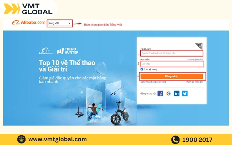 Điền thông tin tài khoản đã đăng ký Alibaba