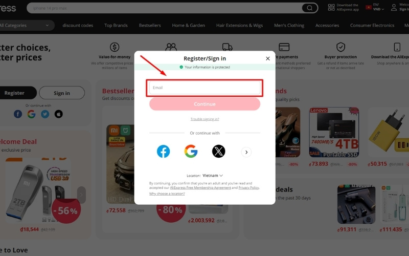 Điền địa chỉ email để đăng ký tài khoản trên sàn Aliexpress