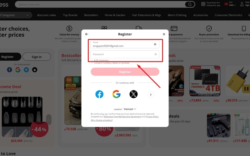 Nhập mật khẩu đăng ký tài khoản Aliexpress