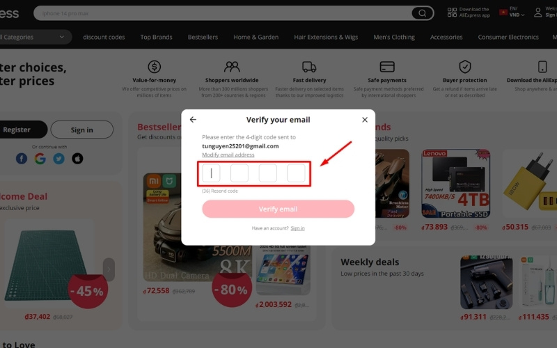 Nhập mã xác nhận tài khoản đăng ký Aliexpress