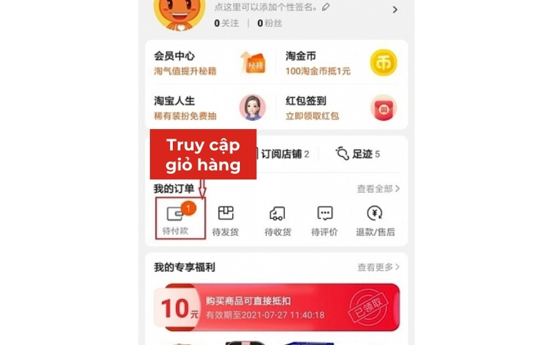 Truy cập vào mục "Đơn hàng"