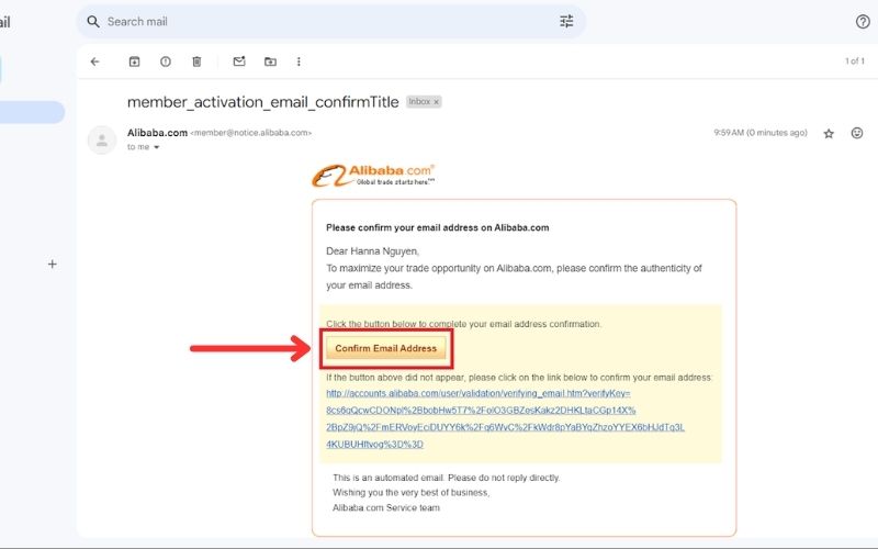 Mở thư yêu cầu xác minh của Alibaba và nhấn chọn “Confirm Email Address”