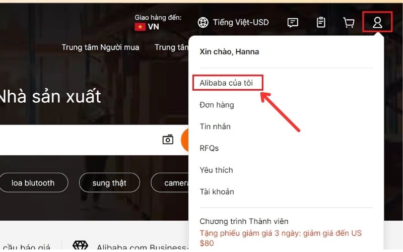 Truy cập tài khoản Alibaba