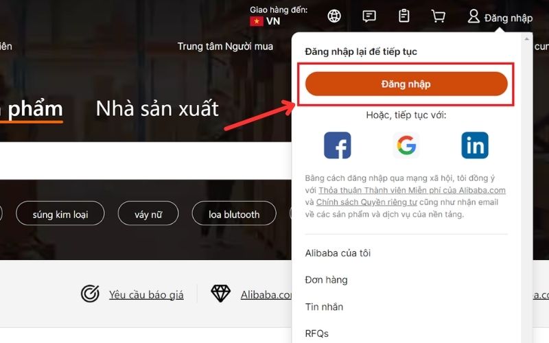 Truy cập vào website chính thức Alibaba.com và bấm chọn “Đăng nhập”