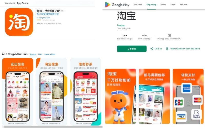 Tải app Taobao tại kho ứng dụng Appstore hoặc Android