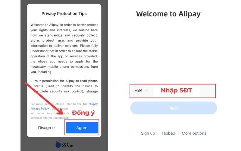 Đồng ý điều khoản Alipay và đăng ký tài khoản bằng SĐT