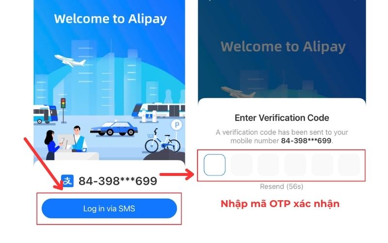 Xác minh tài khoản Alipay bằng mã OTP