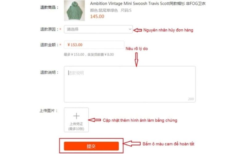 Chọn lý do huỷ đơn hàng Taobao và xác nhận