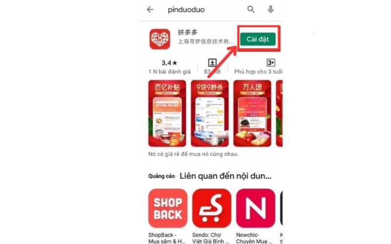 Bấm nút “Cài đặt” để tải ứng dụng Pinduoduo về máy