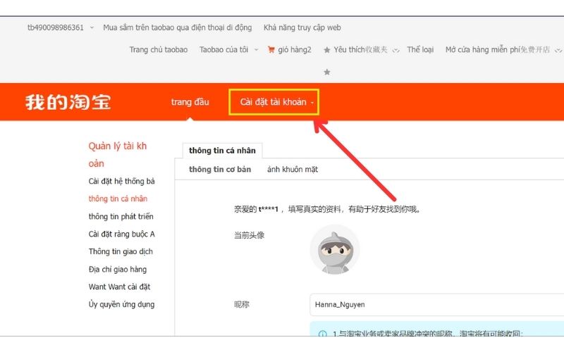 Truy cập vào mục cài đặt tài khoản Taobao