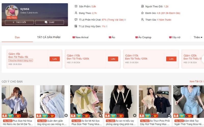 Shop quần áo taobao trên shopee Sysea