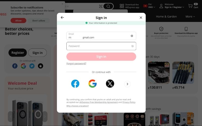 Đăng nhập tài khoản mua hàng trên aliexpress giá rẻ