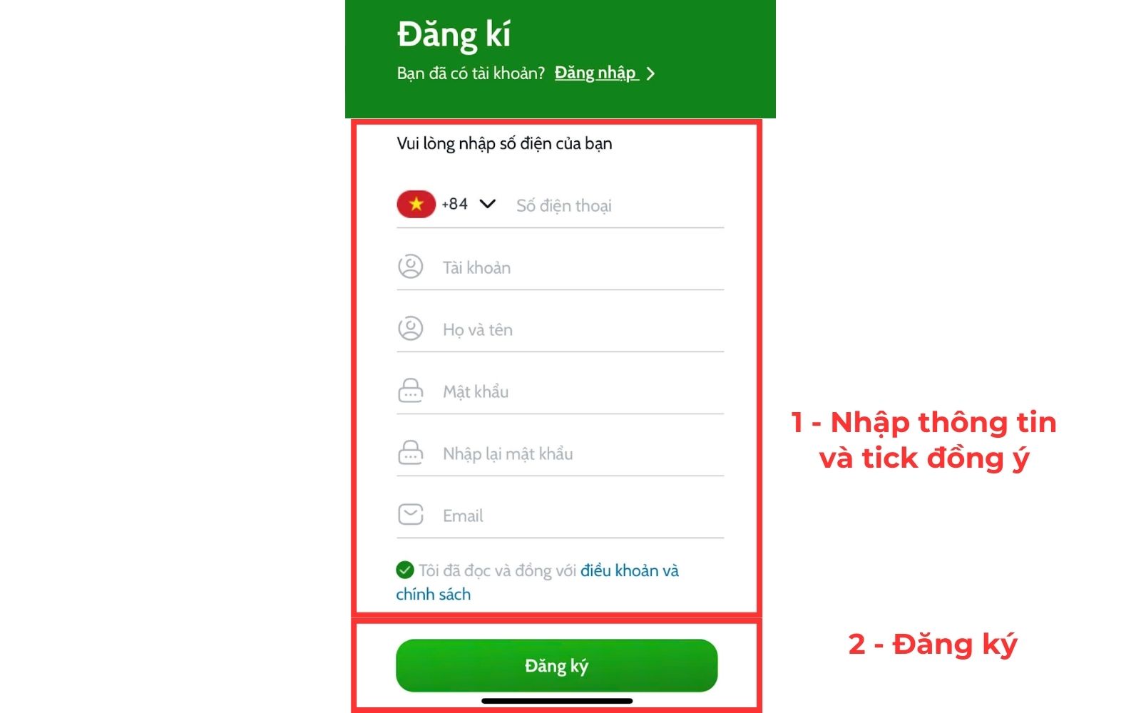 Nhập thông tin và đăng ký trên app VMT Global