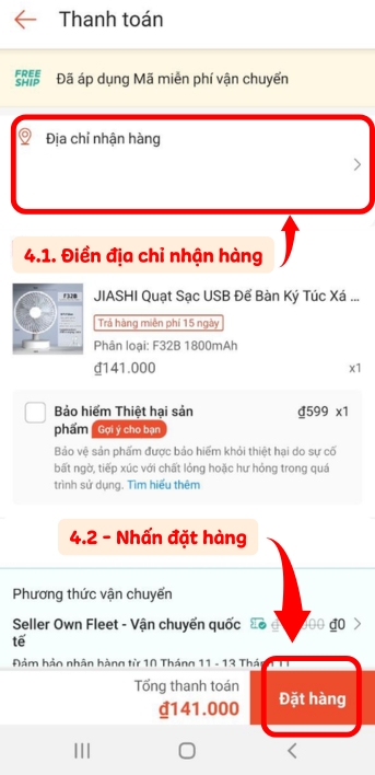 Nhập địa chỉ muốn giao và bắt đầu đặt hàng