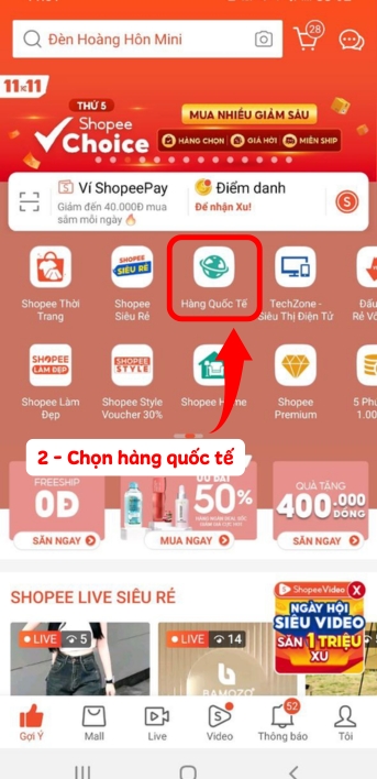 Chọn hàng quốc tế trên Shopee