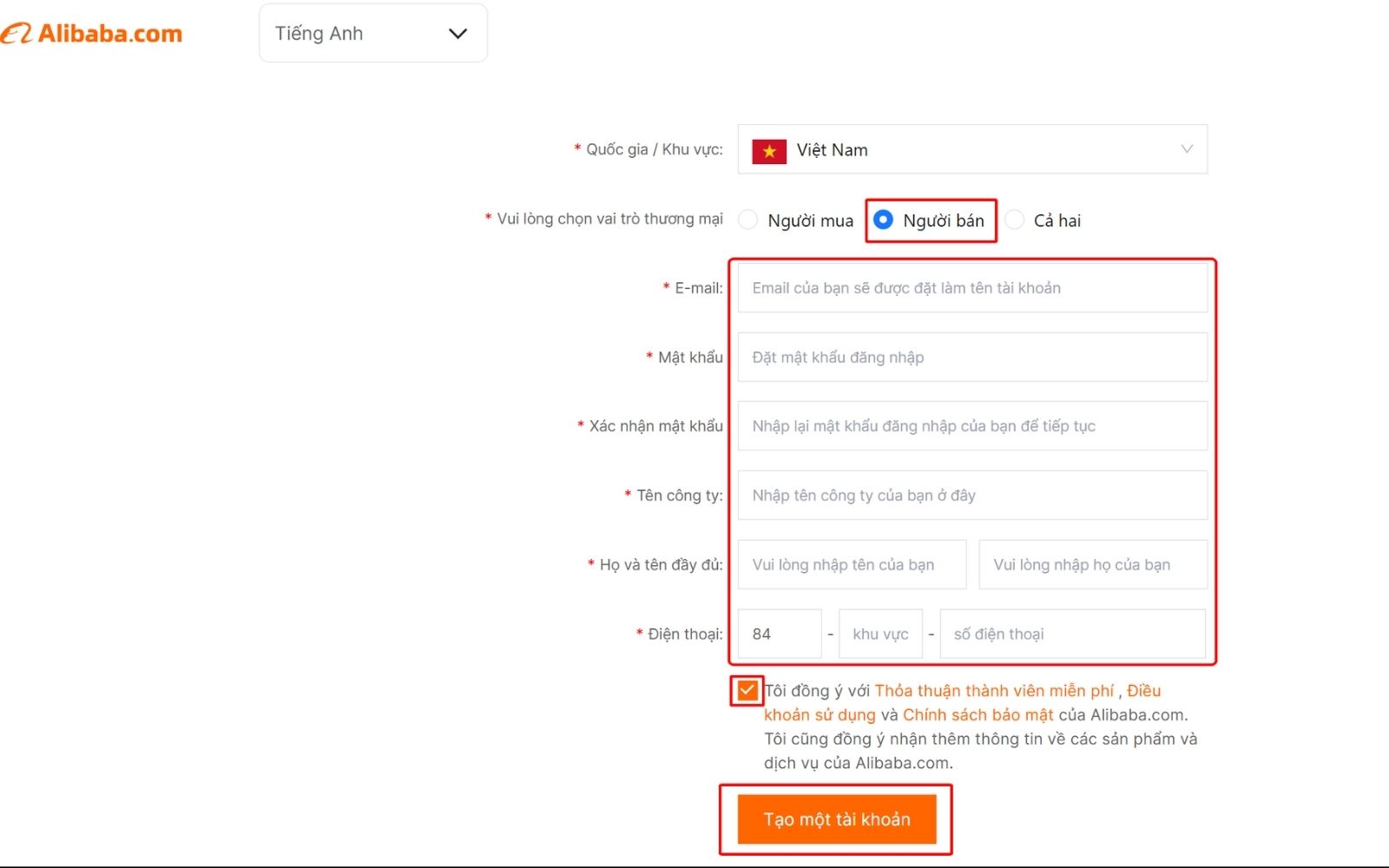 Cách Đăng ký tài khoản bán hàng trên Alibaba