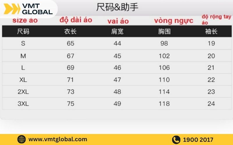 Kích thước size áo Nelly Trung Quốc