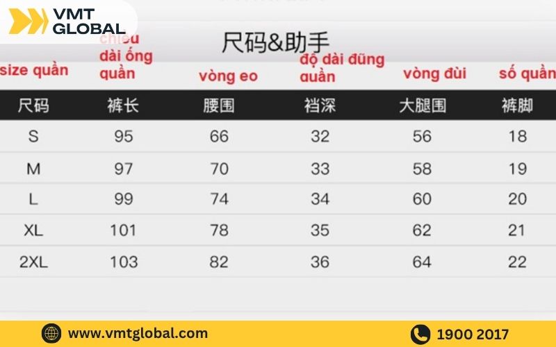 Bảng size quần Nelly Trung Quốc
