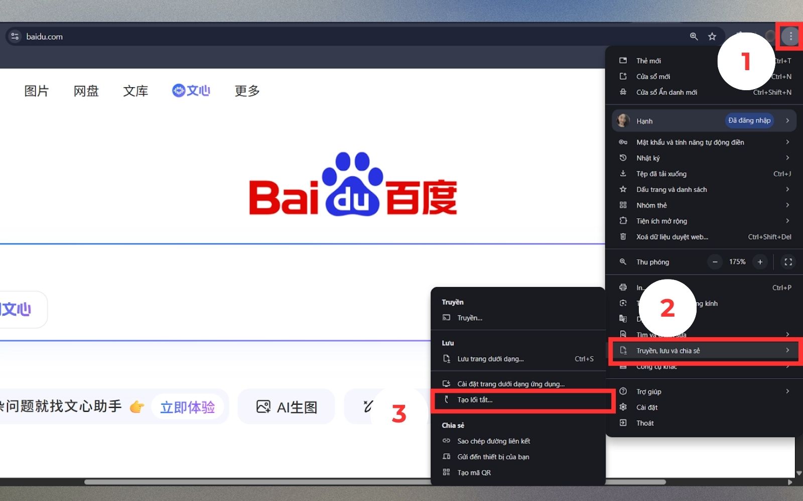 Dùng tính năng tạo lối tắt trên Chrome để cài Baidu trên máy tính