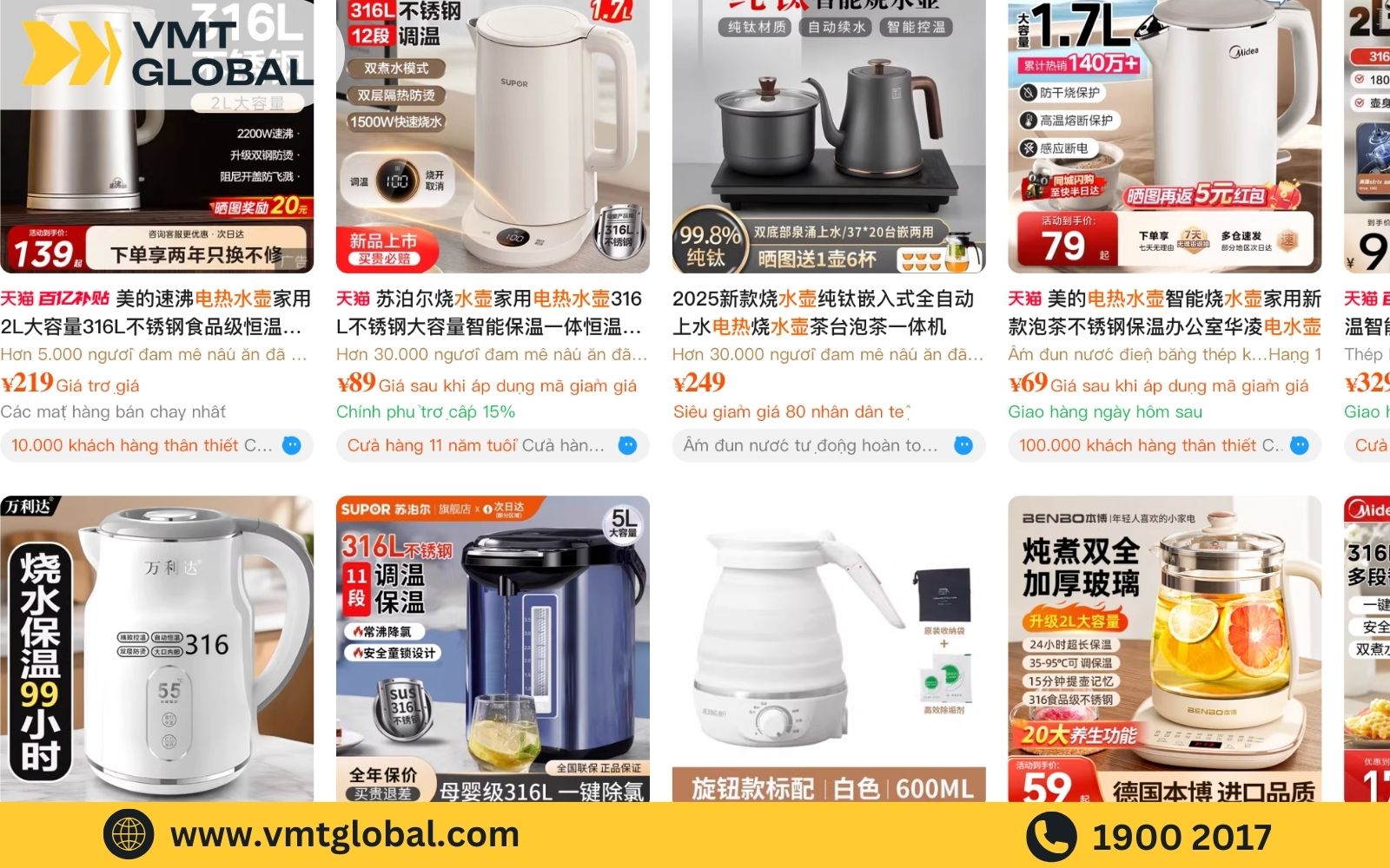 Order nguồn hàng ấm đun online trên các sàn TMĐT Trung Quốc