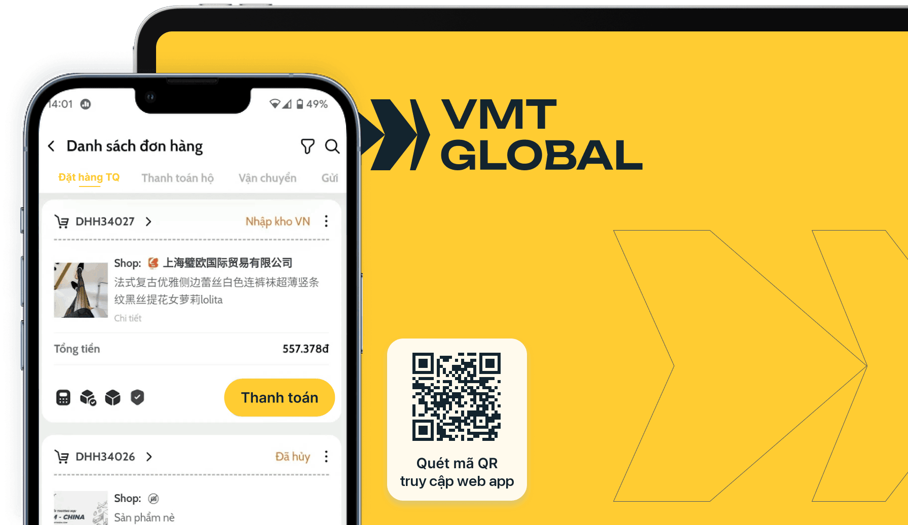 Web app VMT Global - màn hình danh sách đơn hàng và mã QR truy cập web app